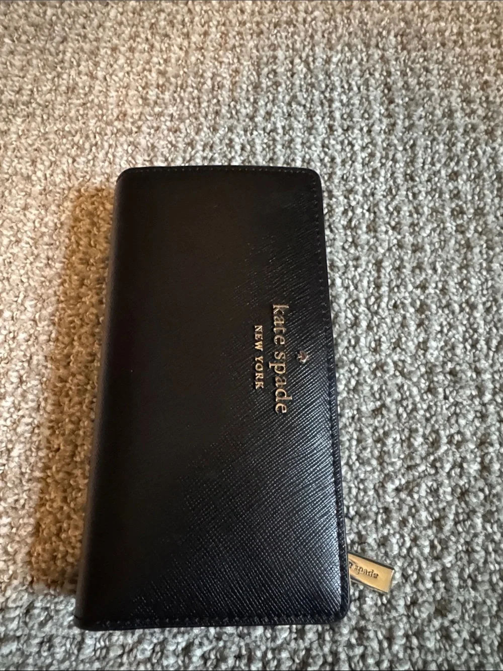 kate spade Black Saffiano Zip Wallet with Gold Logo